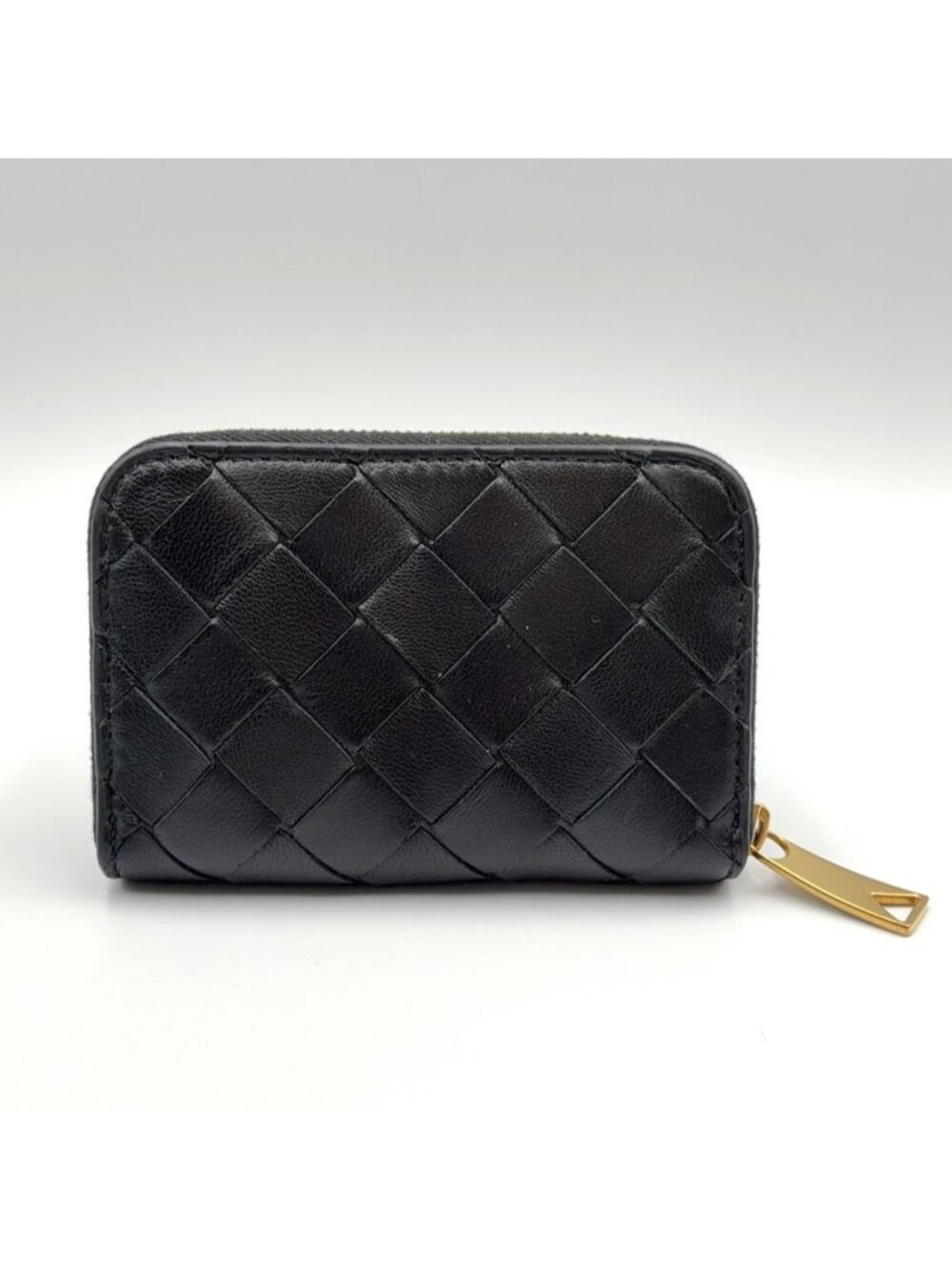 Bottega Veneta Intrecciato Zip Coin Purse Leather Black Wallet Gold
